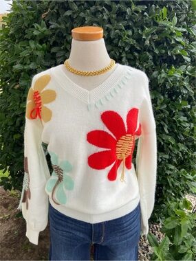 Shine.  White V-Neck Flower Appliqué Sweater - Red & Mint Floral
